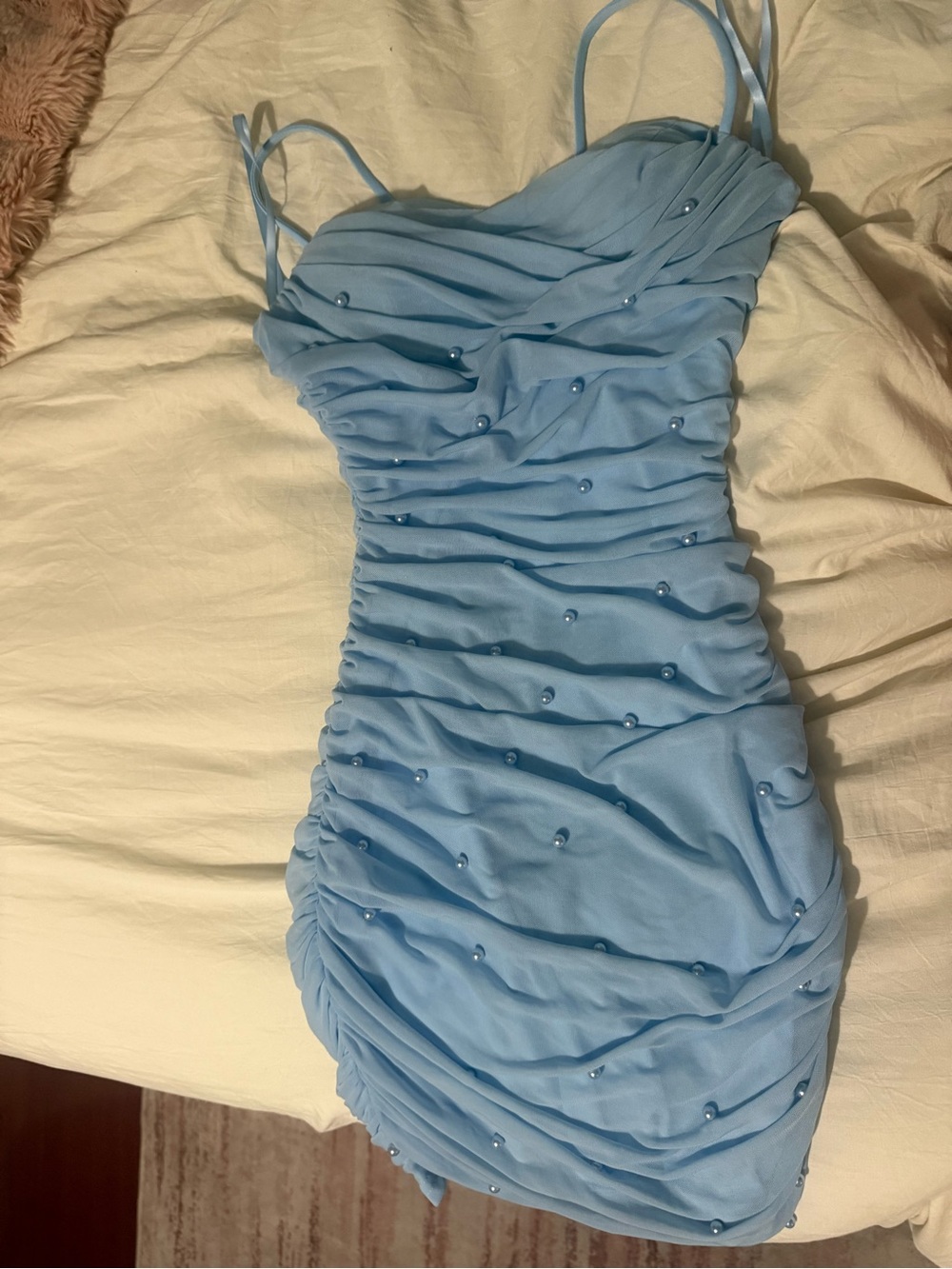 Windsor Light Blue Ruched Pearl-Embellished Mini Dress